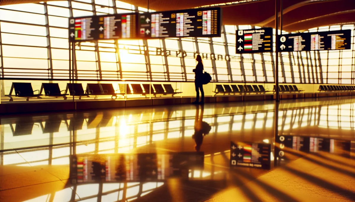 Silhouette of a traveler at an international airport departure gate with blurred destination signs and golden sunlight streaming through terminal windows