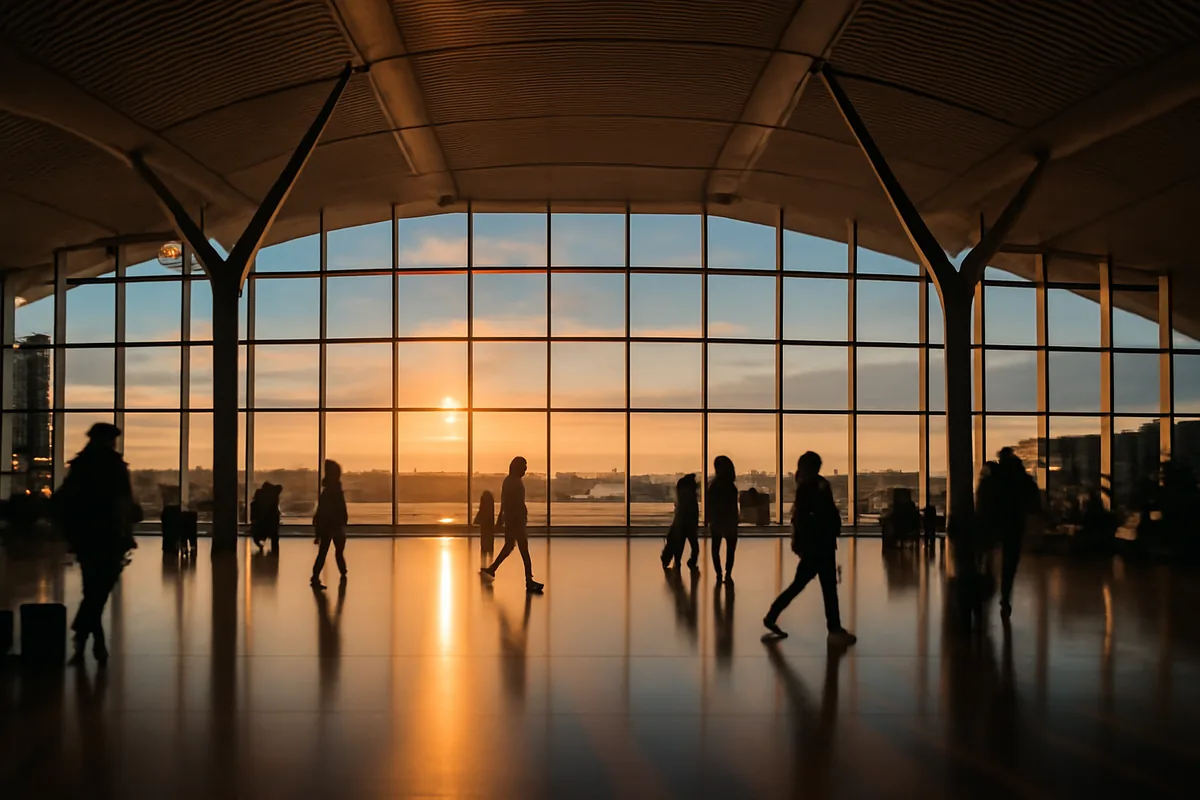 A spacious modern European airport terminal bathed in golden hour light, with silhouetted travelers walking through the concourse and planes visible through large panoramic windows on the runway outside.