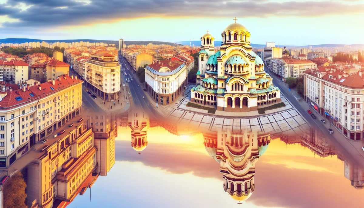 Panoramic view of Sofia, Bulgaria cityscape featuring the iconic Alexander Nevsky Cathedral and urban architecture during golden hour