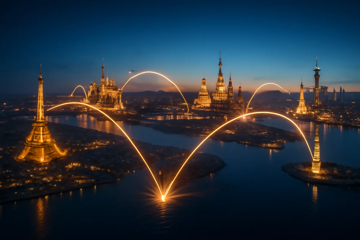 Aerial cinematic view of interconnected world city skylines at twilight, with soft golden light trails linking global destinations under a deep blue sky