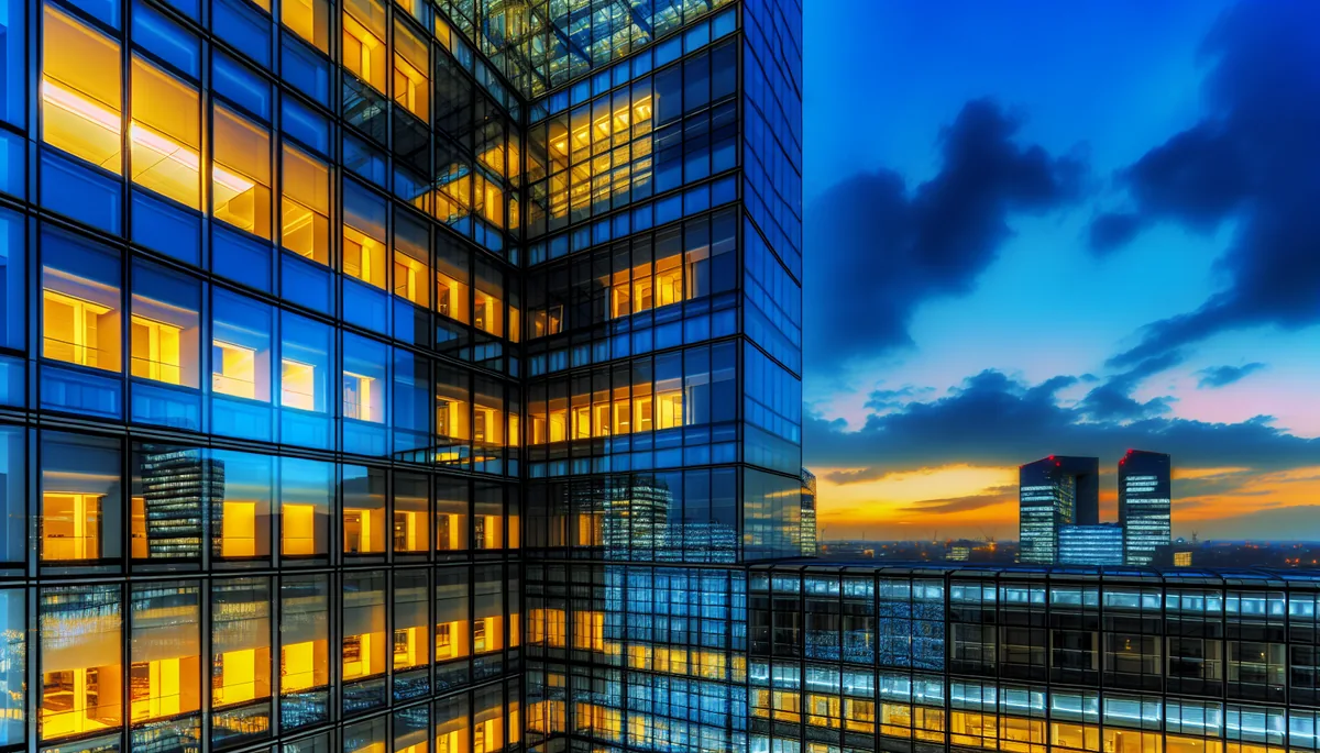 Modern glass office building in a business district at twilight with warm lights glowing in windows and city skyline reflection