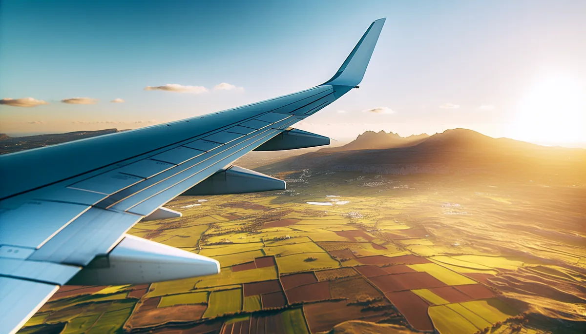 View from airplane window showing wing and landscape below during golden hour flight