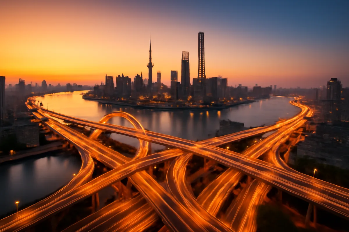 Aerial panoramic view of a modern city skyline at golden hour with glowing highways and bridges under a warm orange and blue sky
