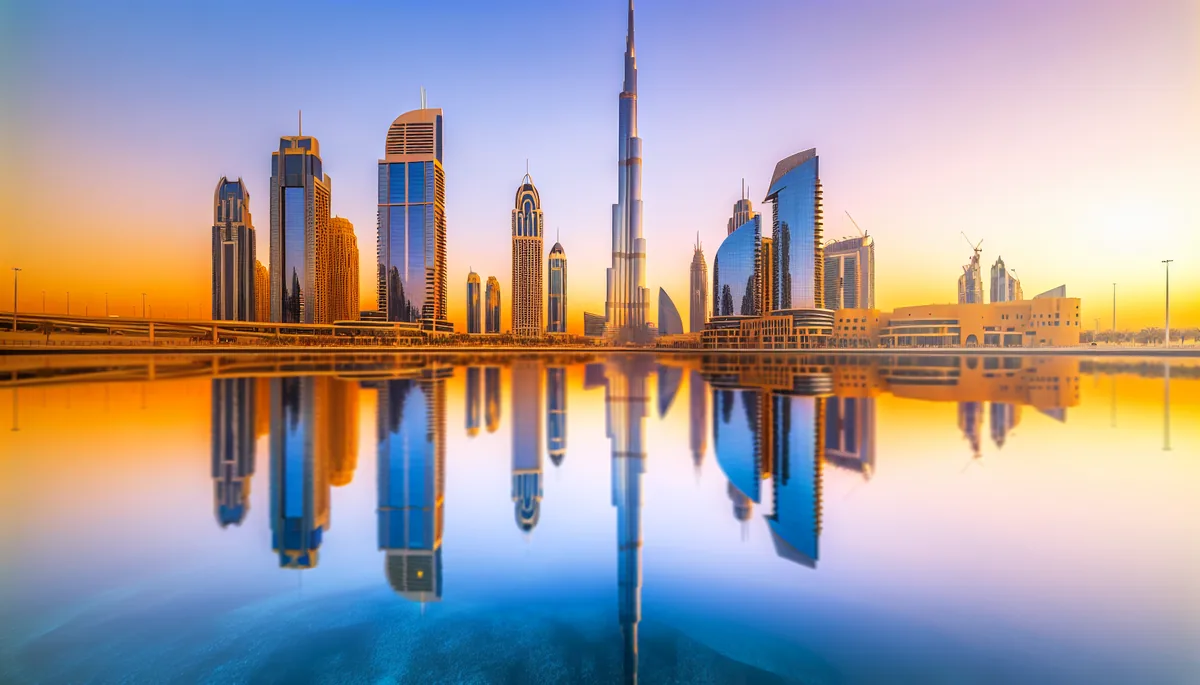 Dubai skyline at sunset featuring the Burj Khalifa and modern skyscrapers with golden reflections in water