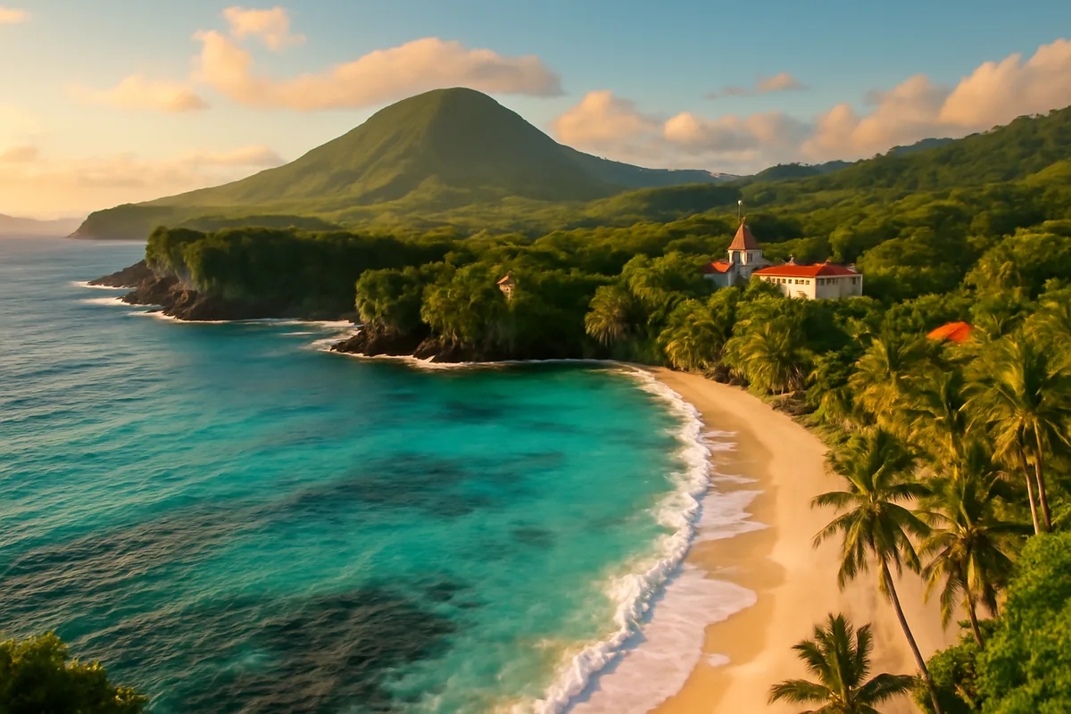 Breathtaking aerial view of a Caribbean island coastline with turquoise waters, white sandy beaches, tropical palm trees, and lush green volcanic hills under warm golden sunlight