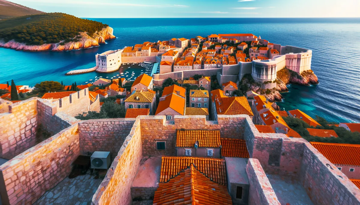 Aerial view of Dubrovnik's ancient stone walls and red-tiled rooftops with the sparkling blue Adriatic Sea in the background during golden hour