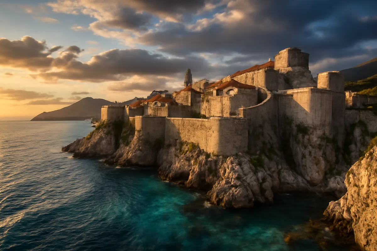 Panoramic view of the Croatian Adriatic coastline featuring ancient stone walls of a medieval coastal town, turquoise waters, and golden sunset light