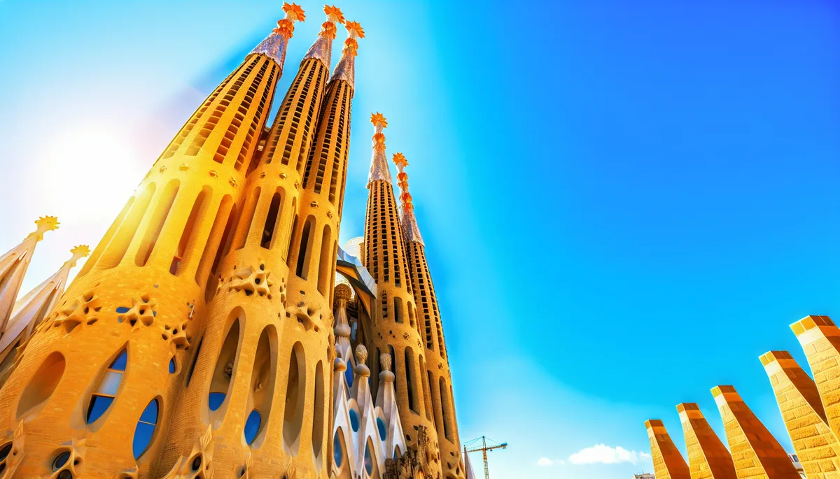 Stunning view of Barcelona's Sagrada Familia cathedral with its distinctive spires against a clear blue sky, showcasing iconic Spanish architecture in warm golden light
