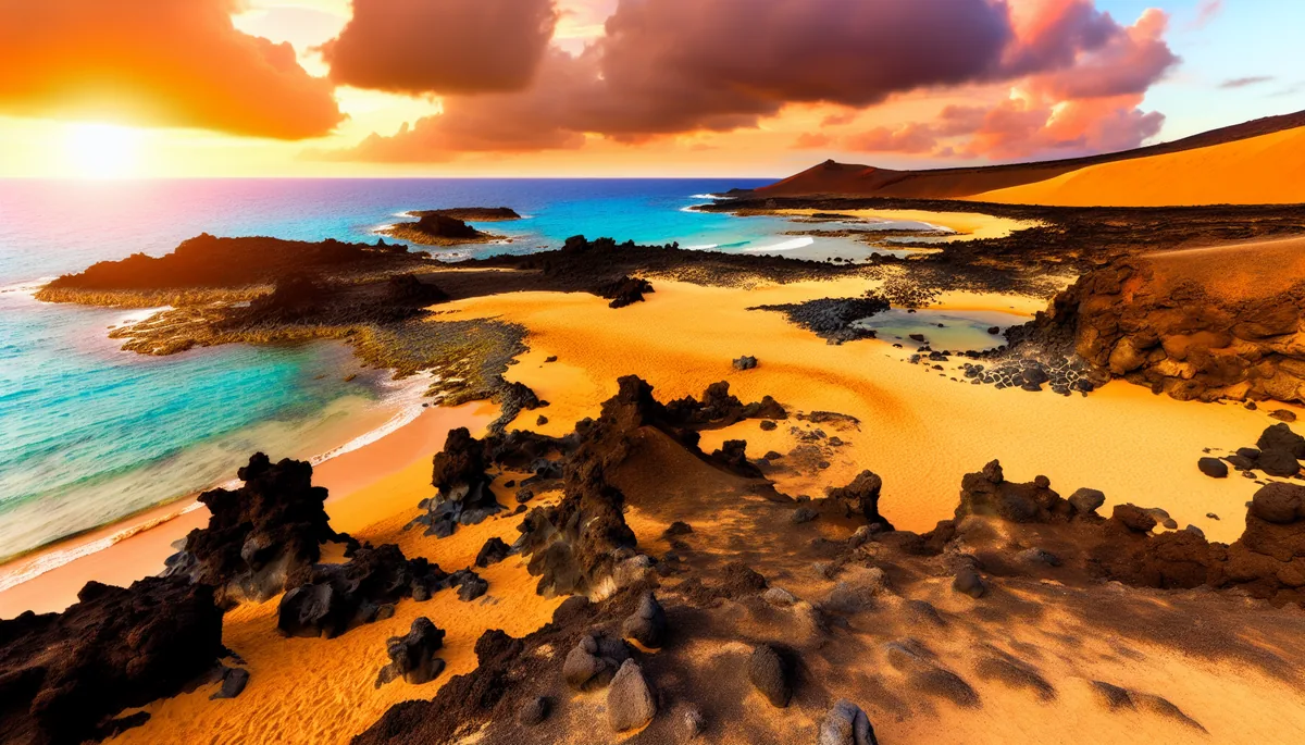 Stunning volcanic landscape of the Canary Islands featuring golden beaches, turquoise waters, and dramatic black lava rock formations under warm sunset lighting