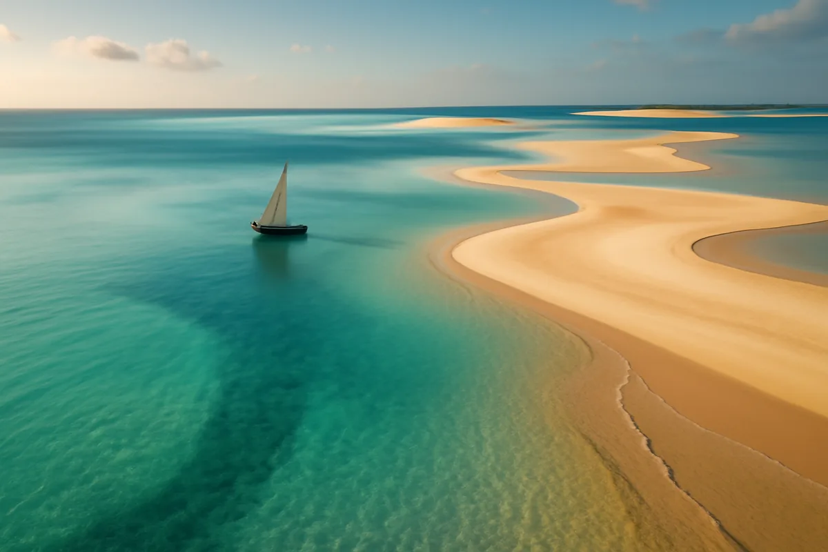 A stunning aerial view of the Bazaruto Archipelago in Mozambique, featuring turquoise Indian Ocean waters, white sand sandbars, and a traditional dhow sailboat under golden hour light.