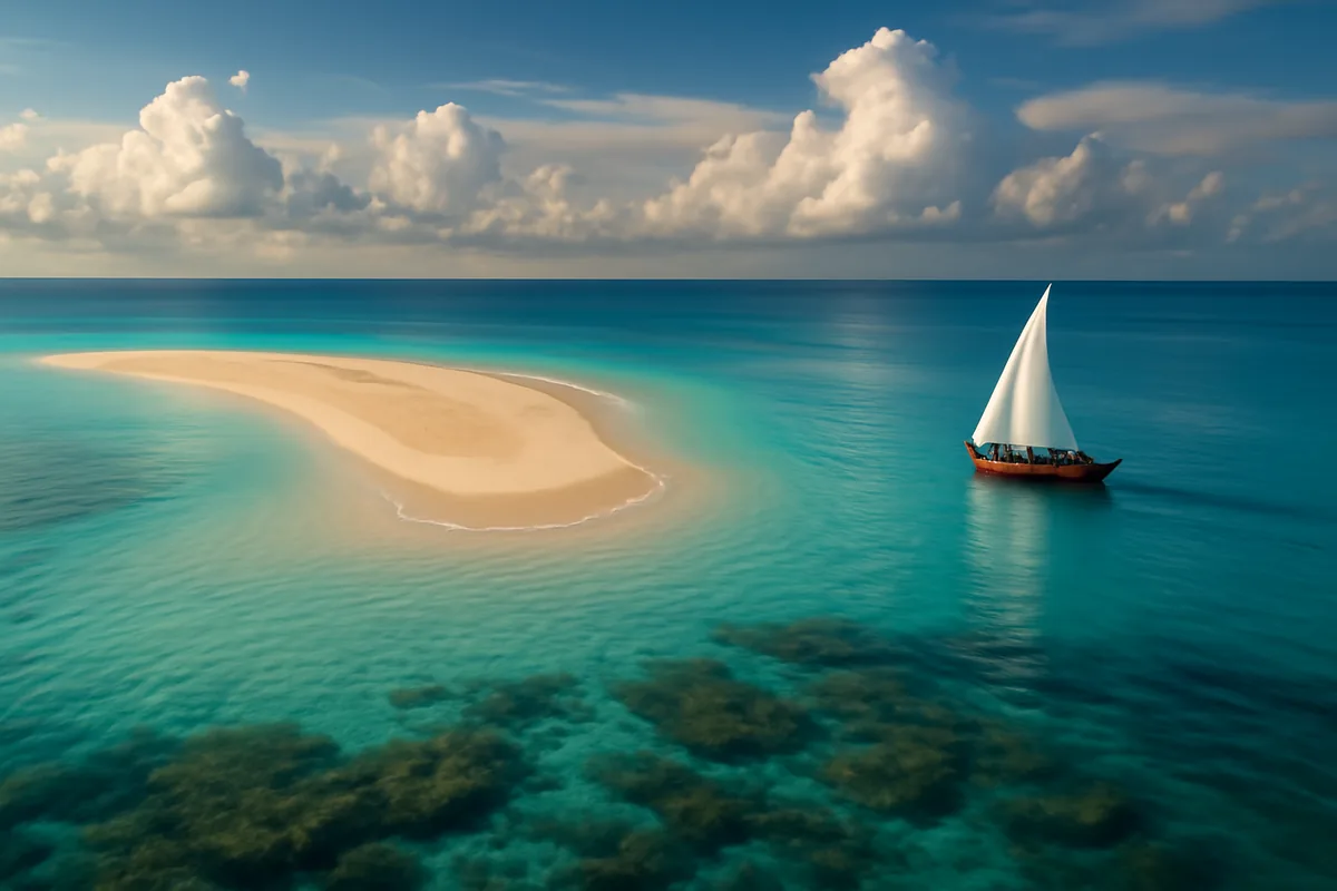 A traditional wooden dhow sailboat sailing across turquoise Indian Ocean waters near Vilanculos, Mozambique, with a remote sandy island and coral reef visible beneath the clear water in warm golden light.