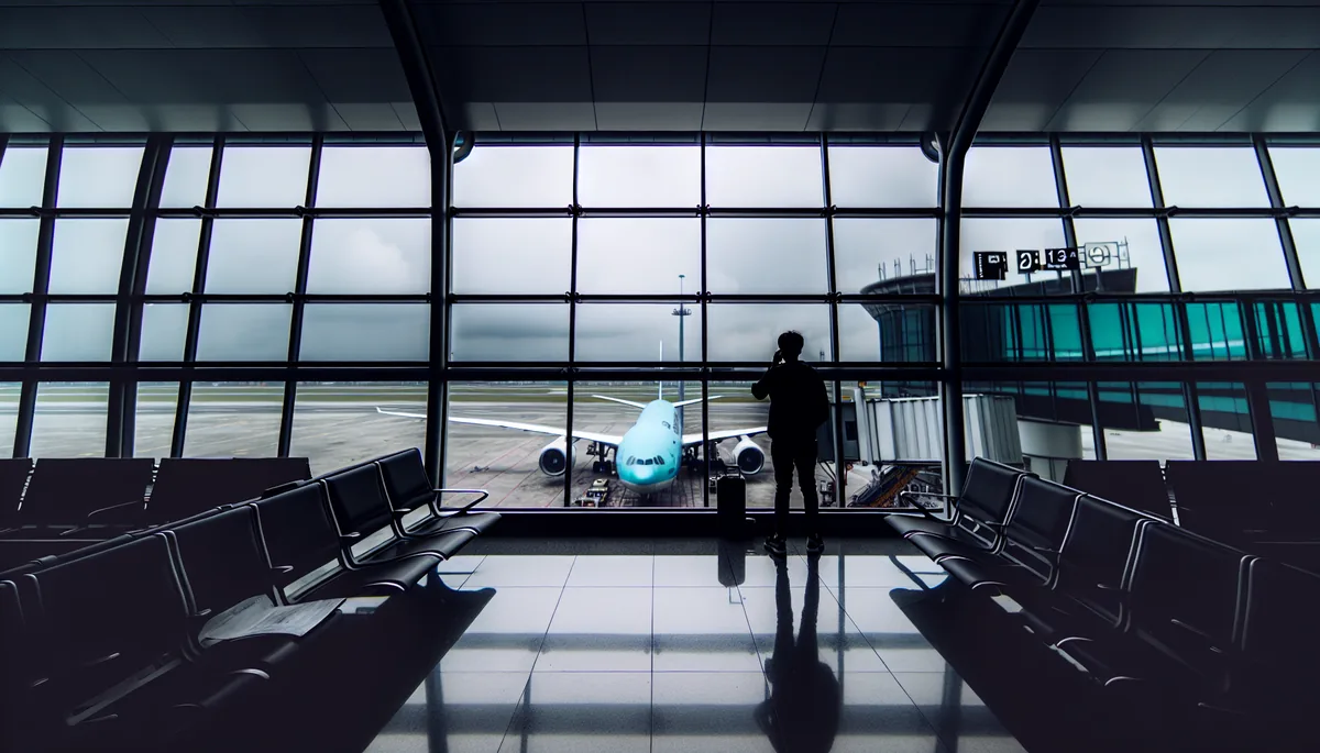 Silhouette of a traveler standing at an airport gate window with an airplane visible on the tarmac under a moody sky