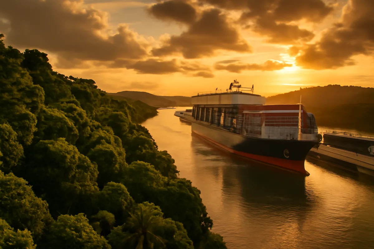 A stunning wide-angle view of the Panama Canal with a large cargo ship navigating through the tropical locks, surrounded by dense green rainforest under a warm golden sky