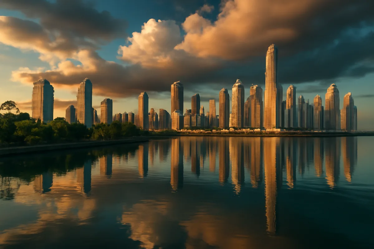 Panama City skyline at golden hour with modern skyscrapers reflected in the bay, surrounded by tropical vegetation under a dramatic sky