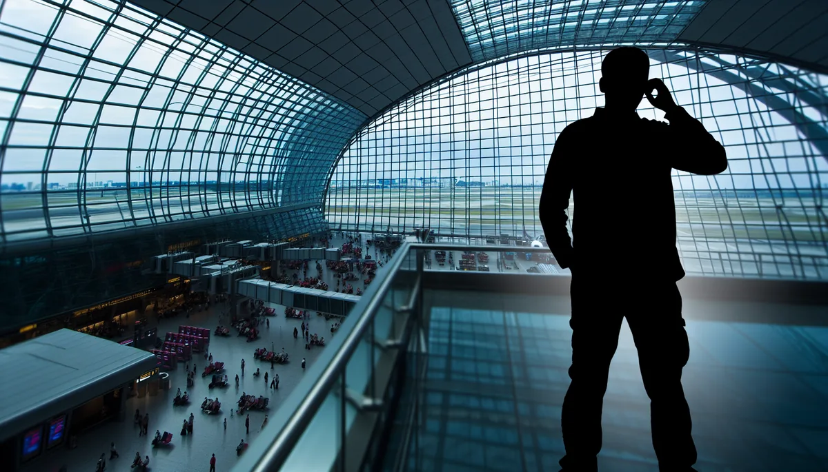 Silhouette of a traveler standing in a modern airport terminal with large windows, capturing the feeling of travel challenges and connectivity issues abroad