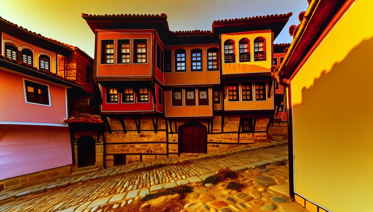 Historic cobblestone street in Plovdiv, Bulgaria with traditional colorful Revival period houses and warm golden lighting