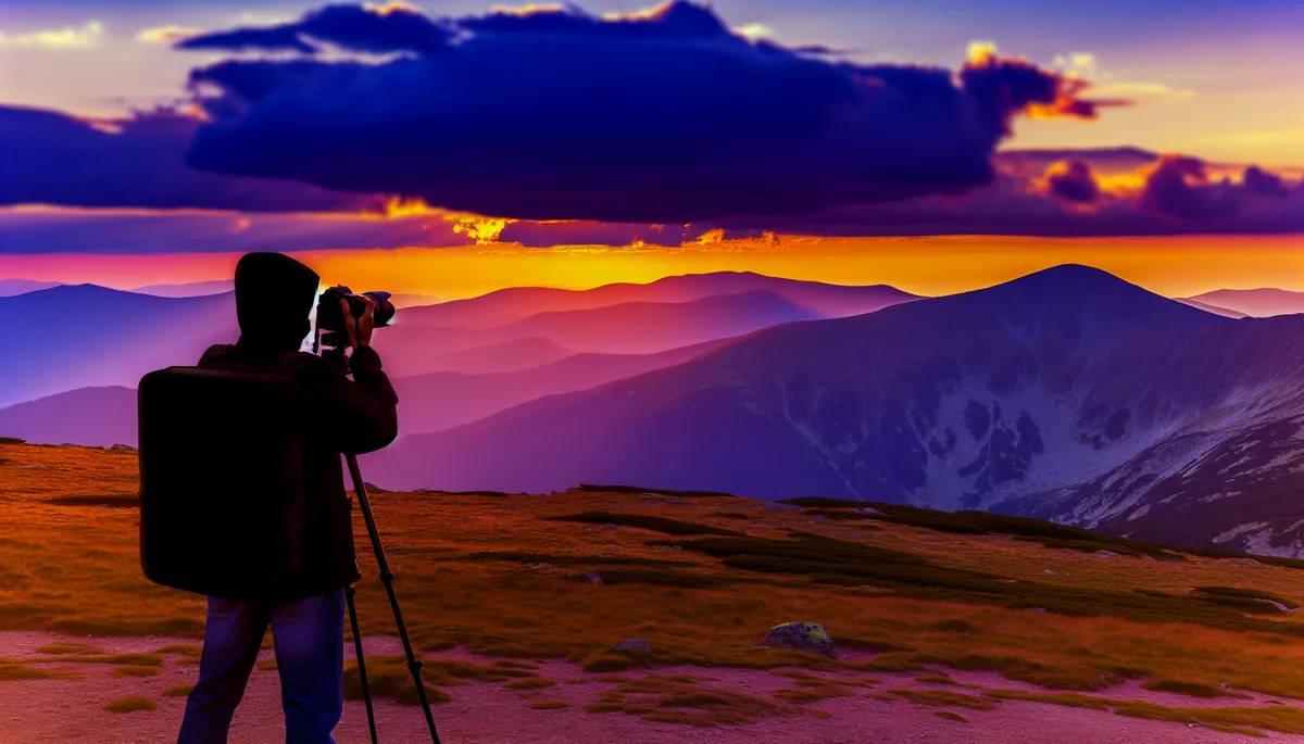 Silhouette of a traveler standing on a mountain viewpoint overlooking Bulgarian mountain peaks during golden hour sunset