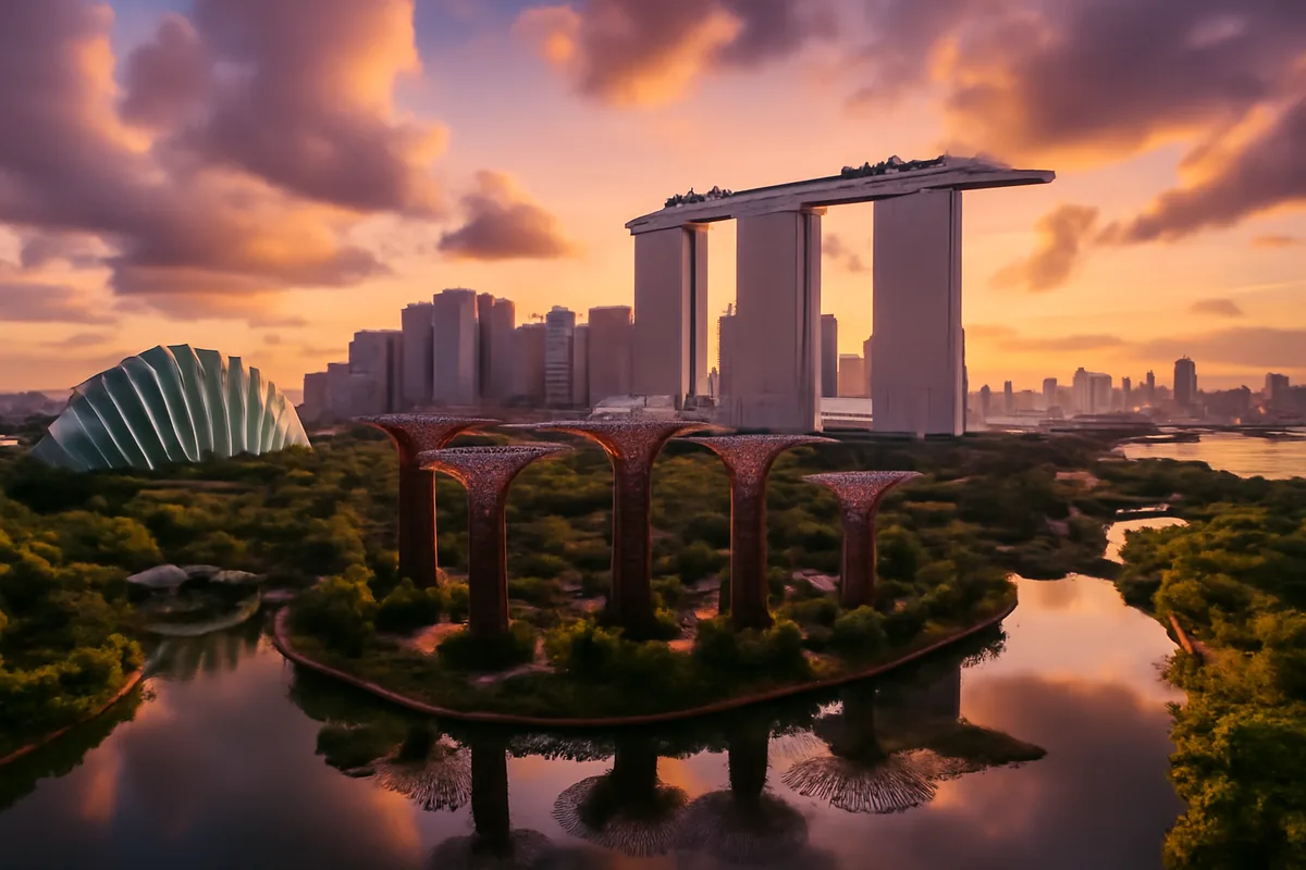 Aerial panoramic view of Singapore's Marina Bay skyline at golden hour, featuring the iconic Gardens by the Bay supertrees and modern skyscrapers reflected in calm water under a dramatic amber and violet sky.