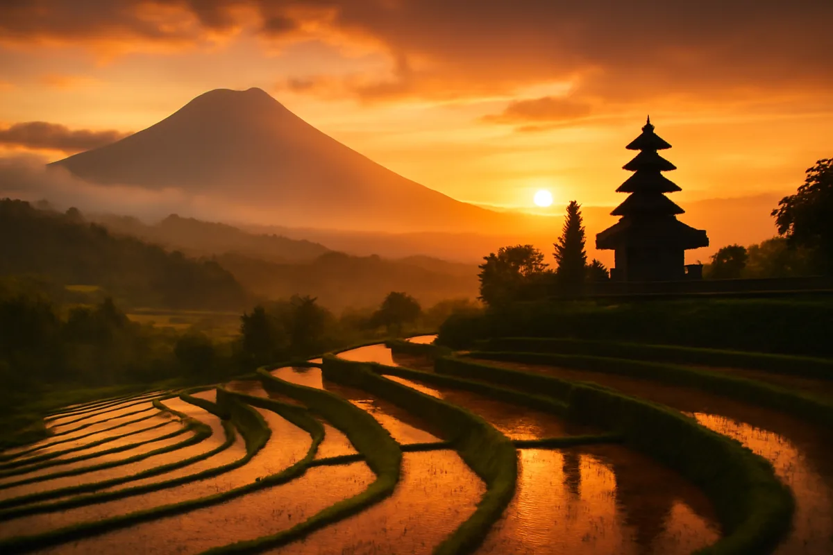 Terraced rice paddies in Bali, Indonesia at golden hour with a traditional temple silhouette and volcanic mountains in the misty background