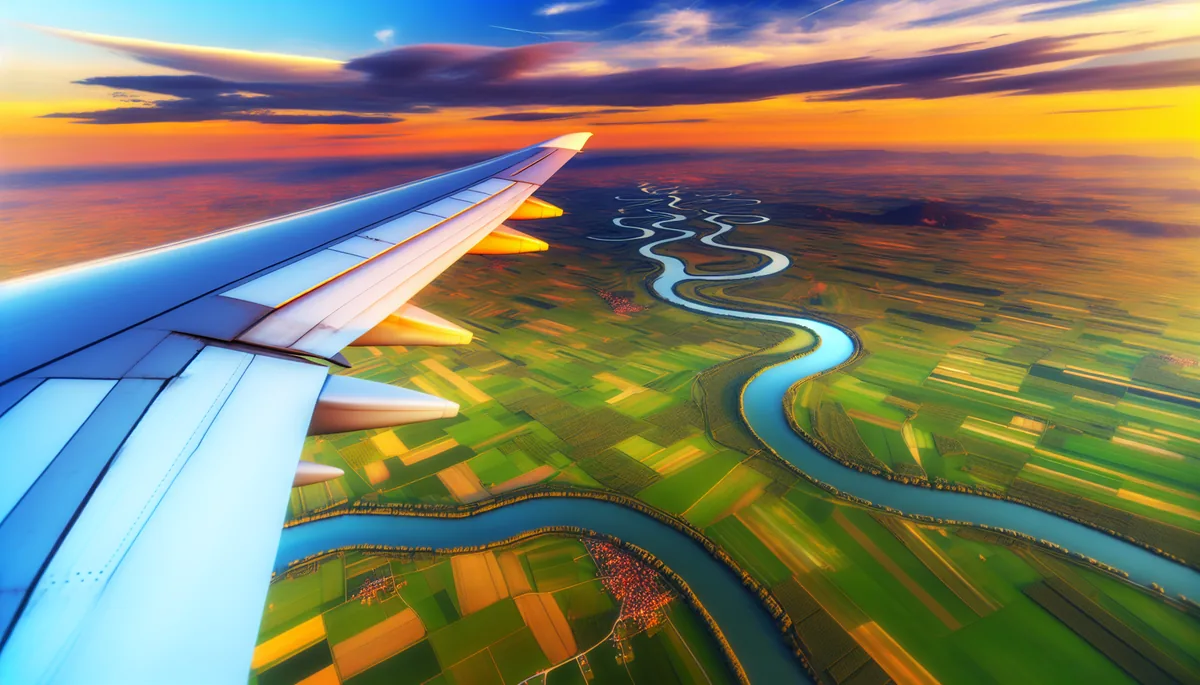Airplane wing view during flight over European countryside with golden hour lighting and patchwork landscape below
