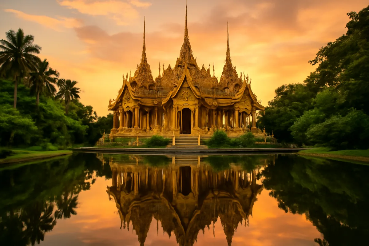 Beautiful Thai Buddhist temple with golden spires reflected in calm water during sunset, surrounded by tropical vegetation