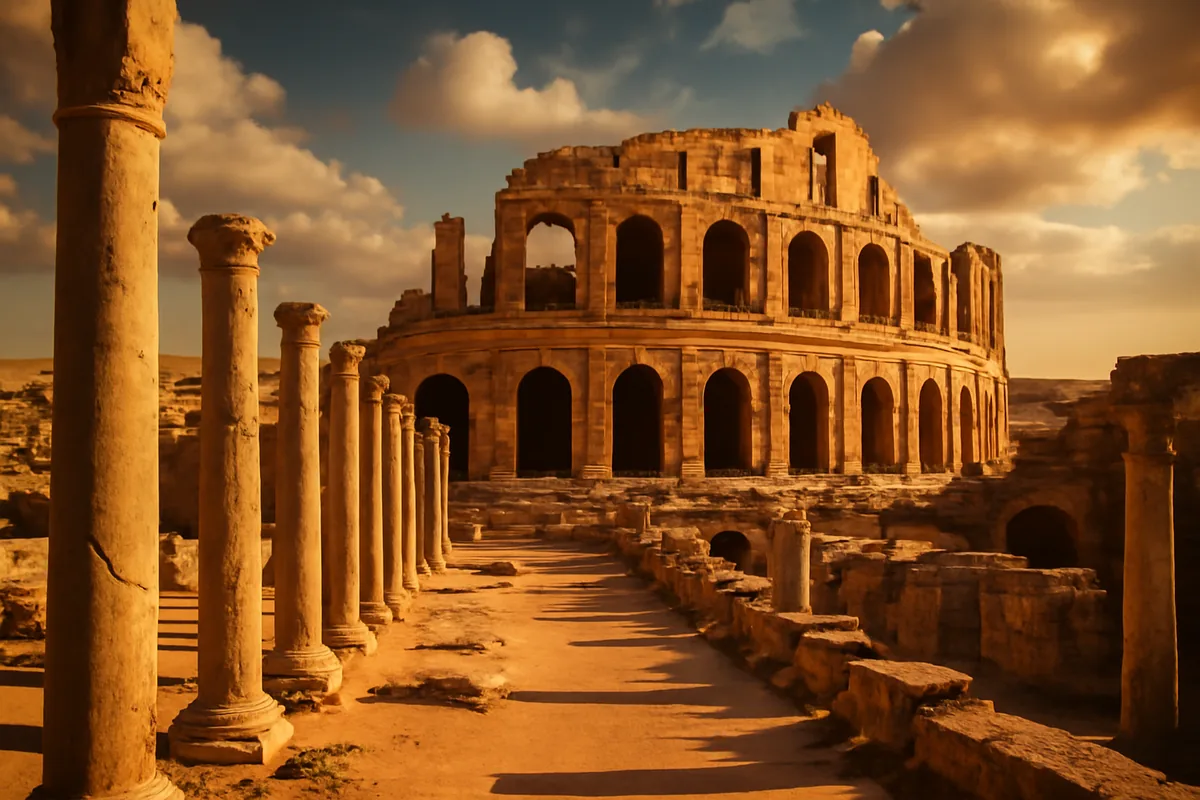 Ancient Roman ruins in Tunisia bathed in warm golden afternoon light, with weathered stone columns and amphitheater structures set against a dramatic desert sky