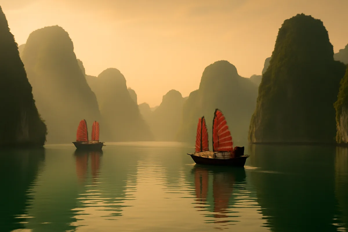 Panoramic view of Ha Long Bay in Vietnam featuring dramatic limestone karst formations emerging from emerald waters, with traditional sailing boats gliding through morning mist under a golden sky.