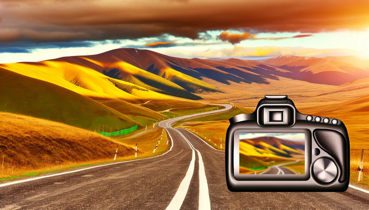 Scenic mountain road winding through Eastern European countryside at golden hour, symbolizing travel connectivity and journey planning