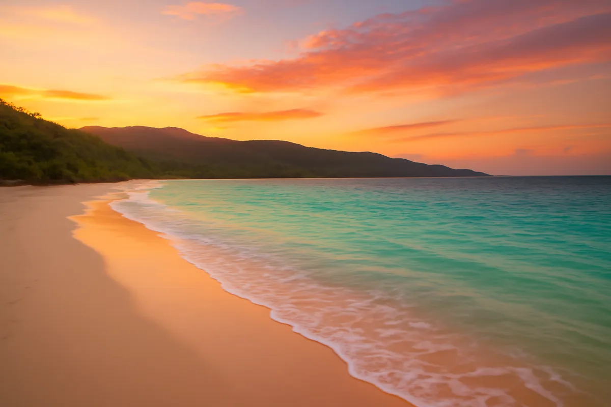 Stunning sunset view of Seven Mile Beach in Jamaica with turquoise Caribbean waters, white sand, and mountainous landscape in the background