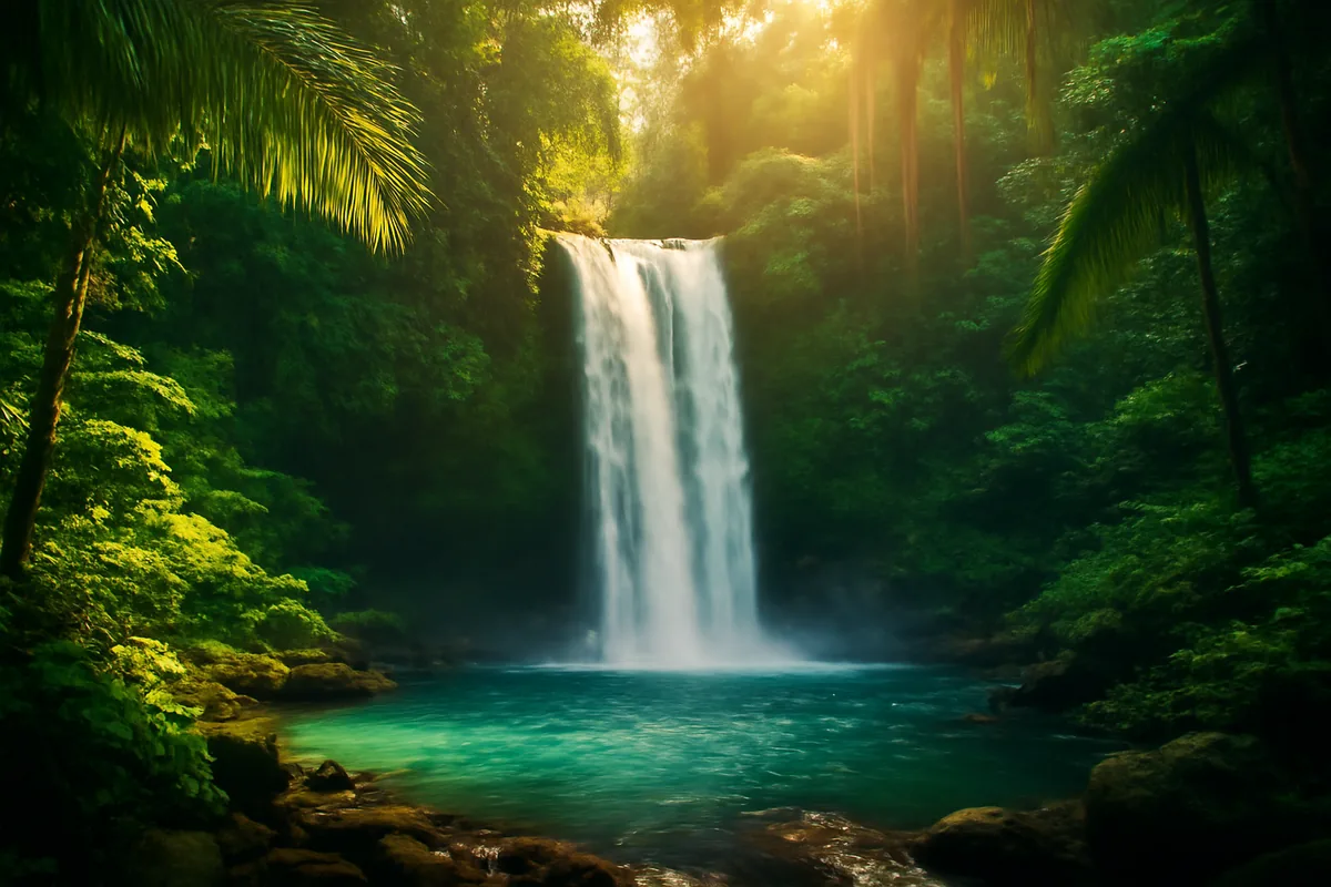 A stunning jungle waterfall in Jamaica with crystal-clear turquoise waters surrounded by lush tropical vegetation in warm golden light
