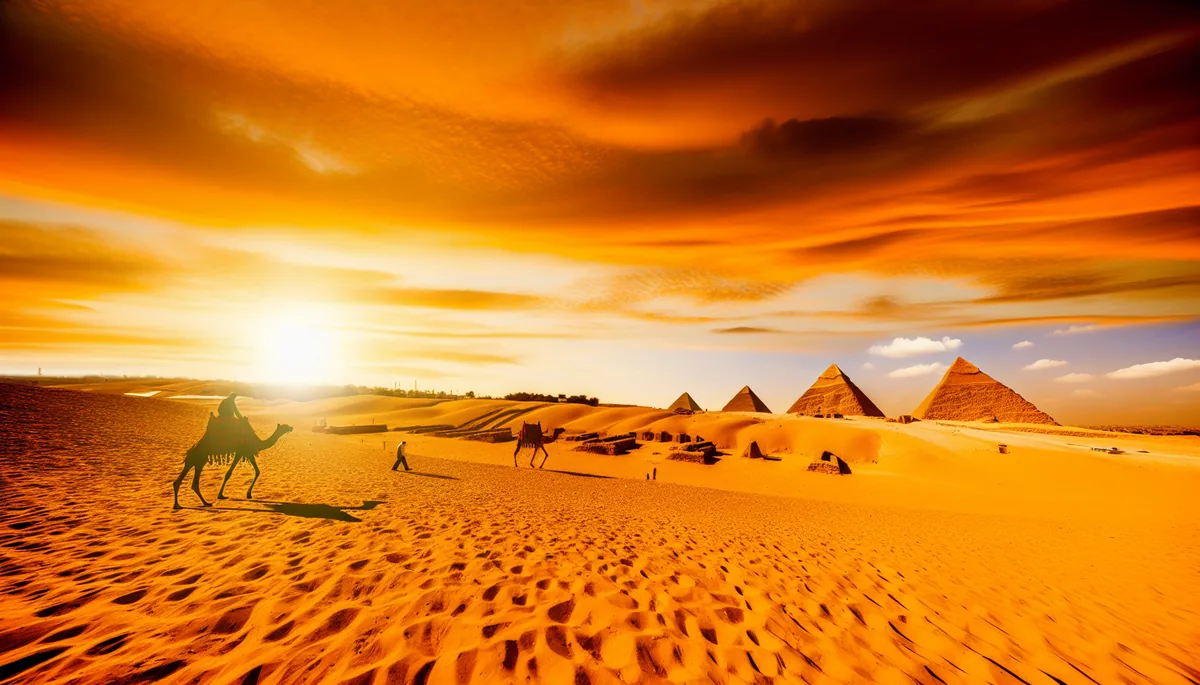 Golden hour view of the Great Pyramids of Giza with desert landscape and camel silhouettes against a dramatic sunset sky