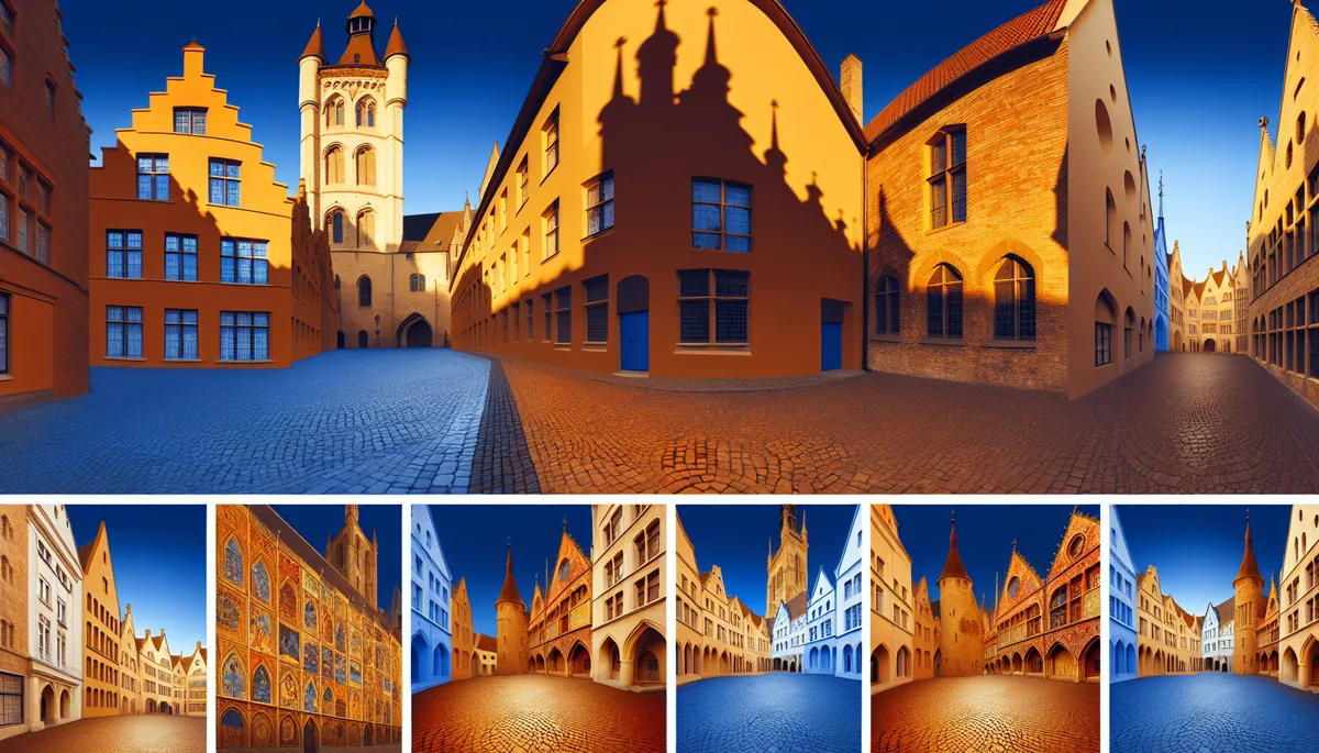 Picturesque European city square with historic medieval buildings, Gothic architecture, and cobblestone streets bathed in golden sunset light