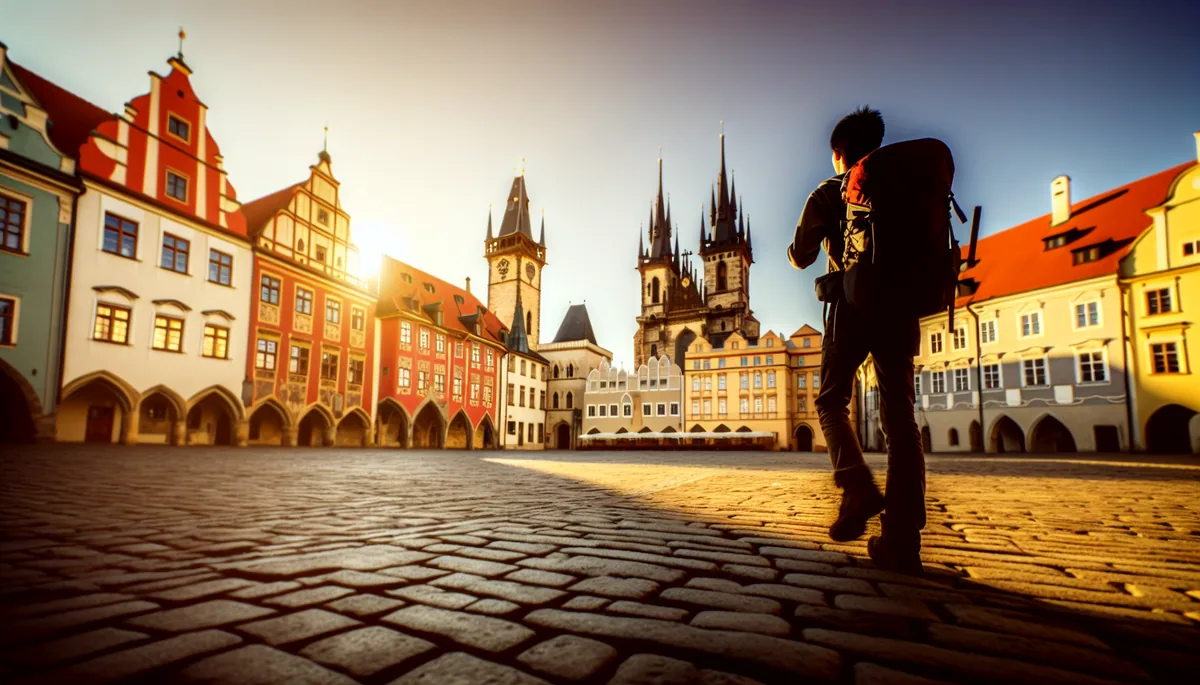 Silhouette of a student backpacker walking through a historic European city square with medieval architecture and warm golden lighting