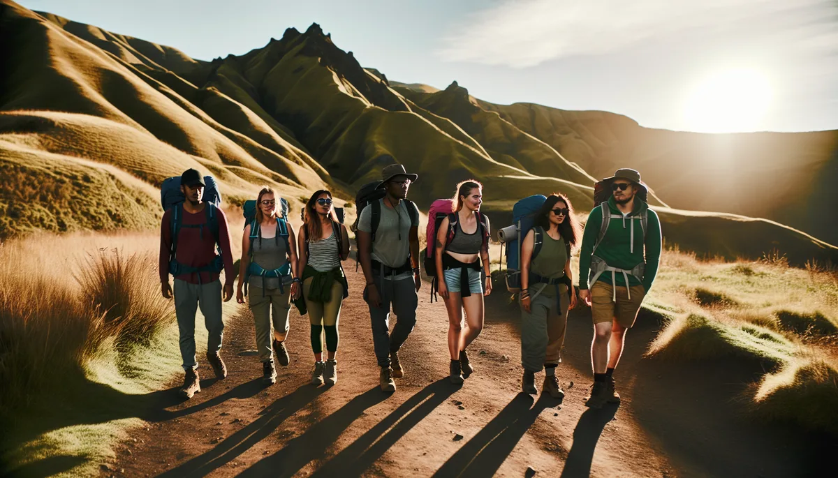 Group of travelers hiking together on a mountain trail with scenic landscape and golden hour lighting