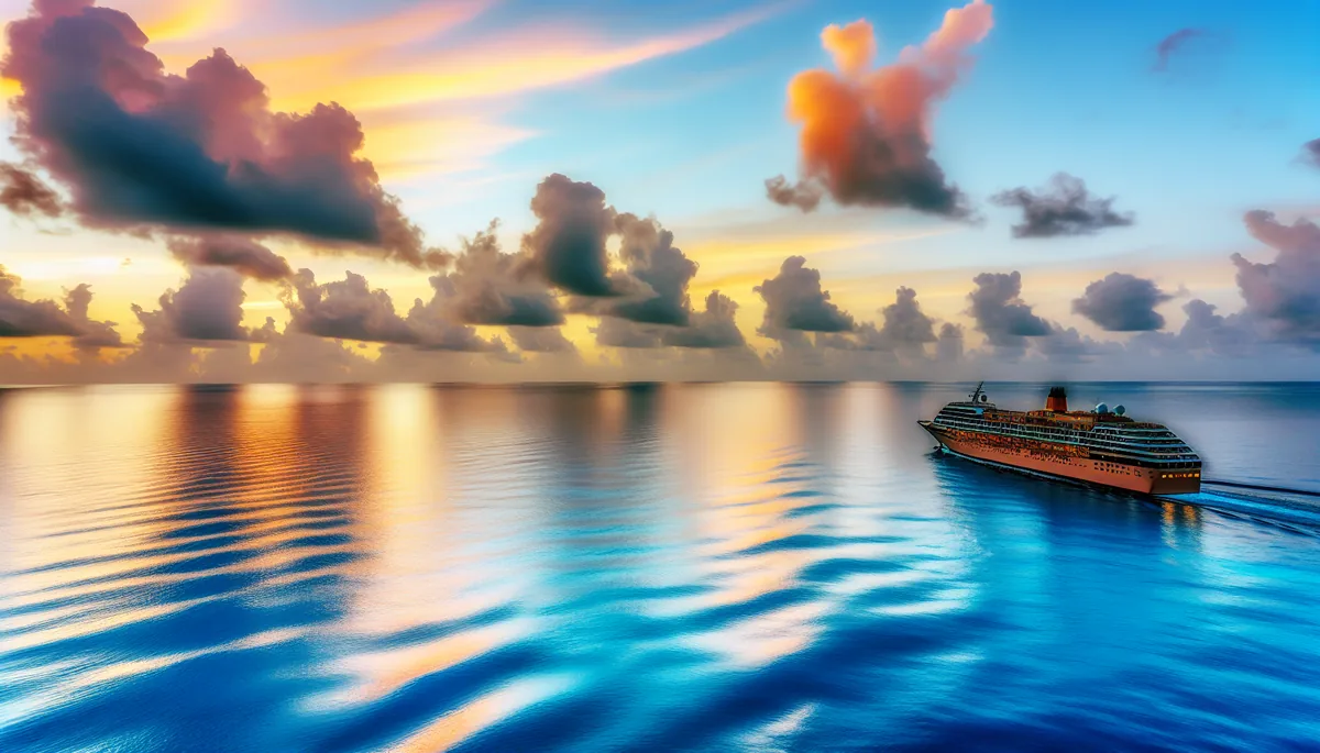 Luxury cruise ship sailing on calm ocean waters during a stunning golden hour sunset with dramatic orange and pink clouds