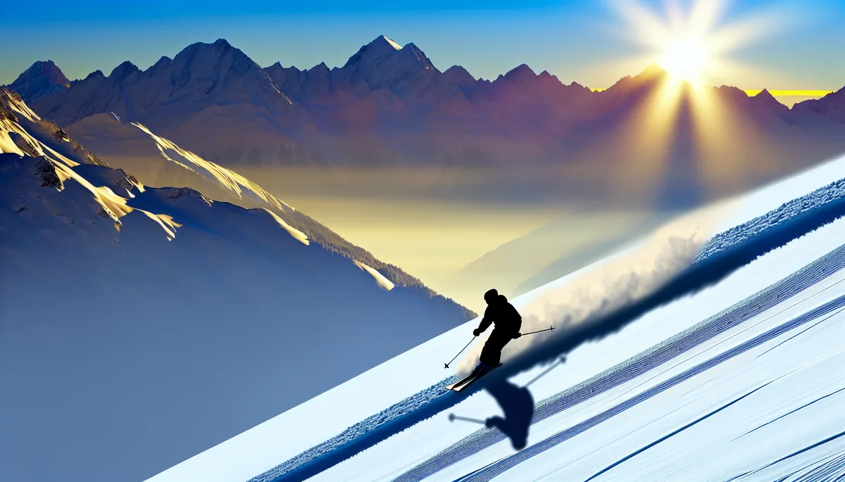 Scenic winter mountain landscape with ski slopes, snow-covered peaks, and skiers descending through fresh powder snow under bright blue skies