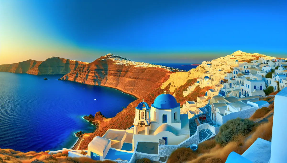 Scenic view of a Greek island with traditional white buildings, blue-domed church, and turquoise waters of the Aegean Sea