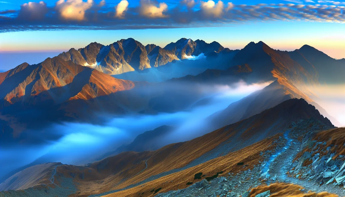 Majestic mountain landscape with hiking trail winding through misty peaks at sunrise, showcasing remote wilderness terrain