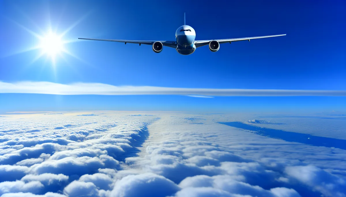 Commercial airplane flying high above white clouds in a bright blue sky, captured from an external perspective showing the aircraft's sleek profile against the dramatic cloudscape