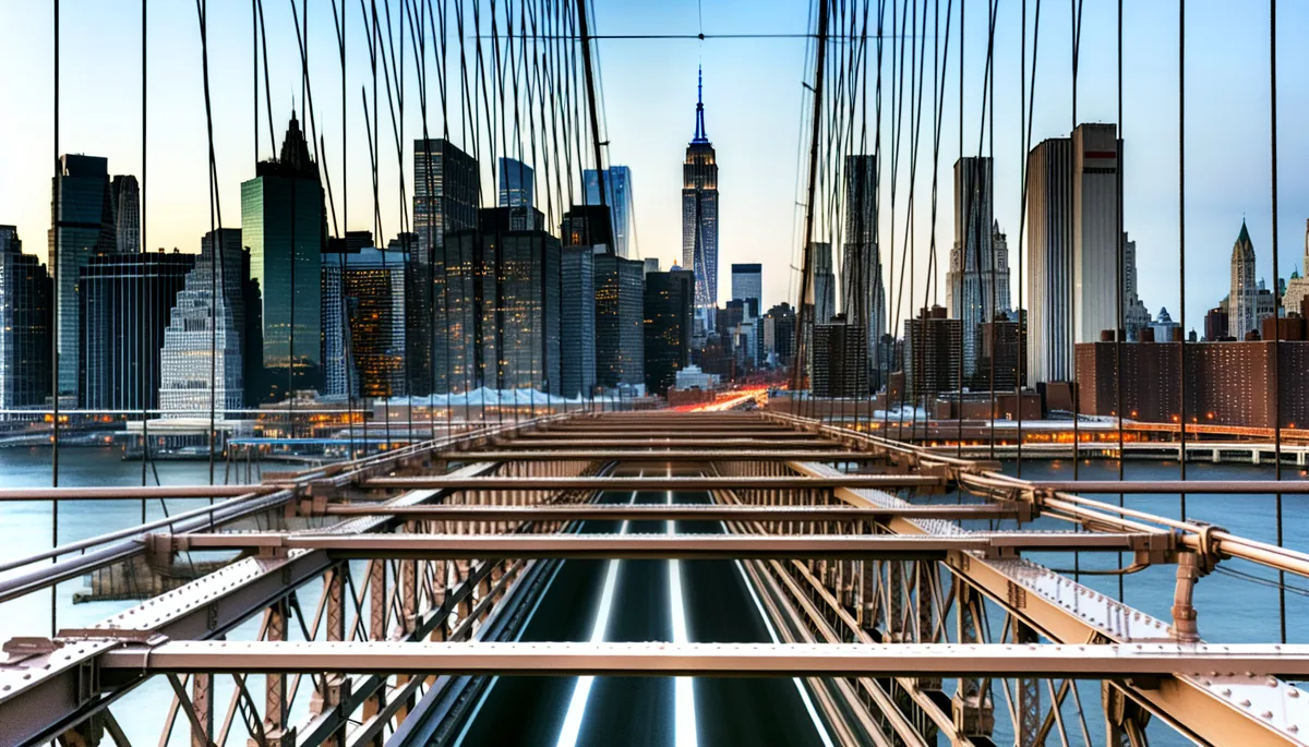 Stunning view of New York City skyline at sunset with Manhattan skyscrapers and the Empire State Building visible from Brooklyn Bridge