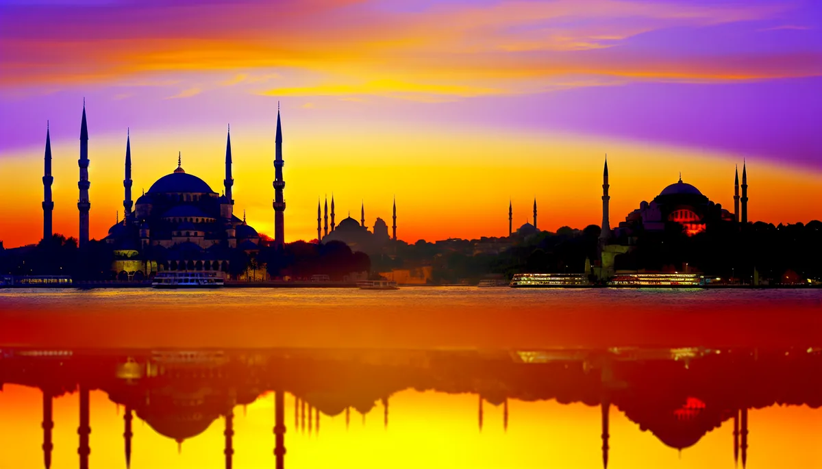 Stunning sunset view of Istanbul's historic skyline featuring the Blue Mosque and Hagia Sophia with the Bosphorus strait in the foreground