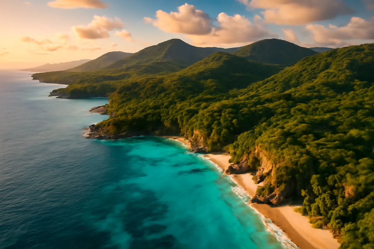 Aerial view of Jamaica's dramatic coastline showing turquoise Caribbean waters, lush green mountains, and pristine beaches during golden hour