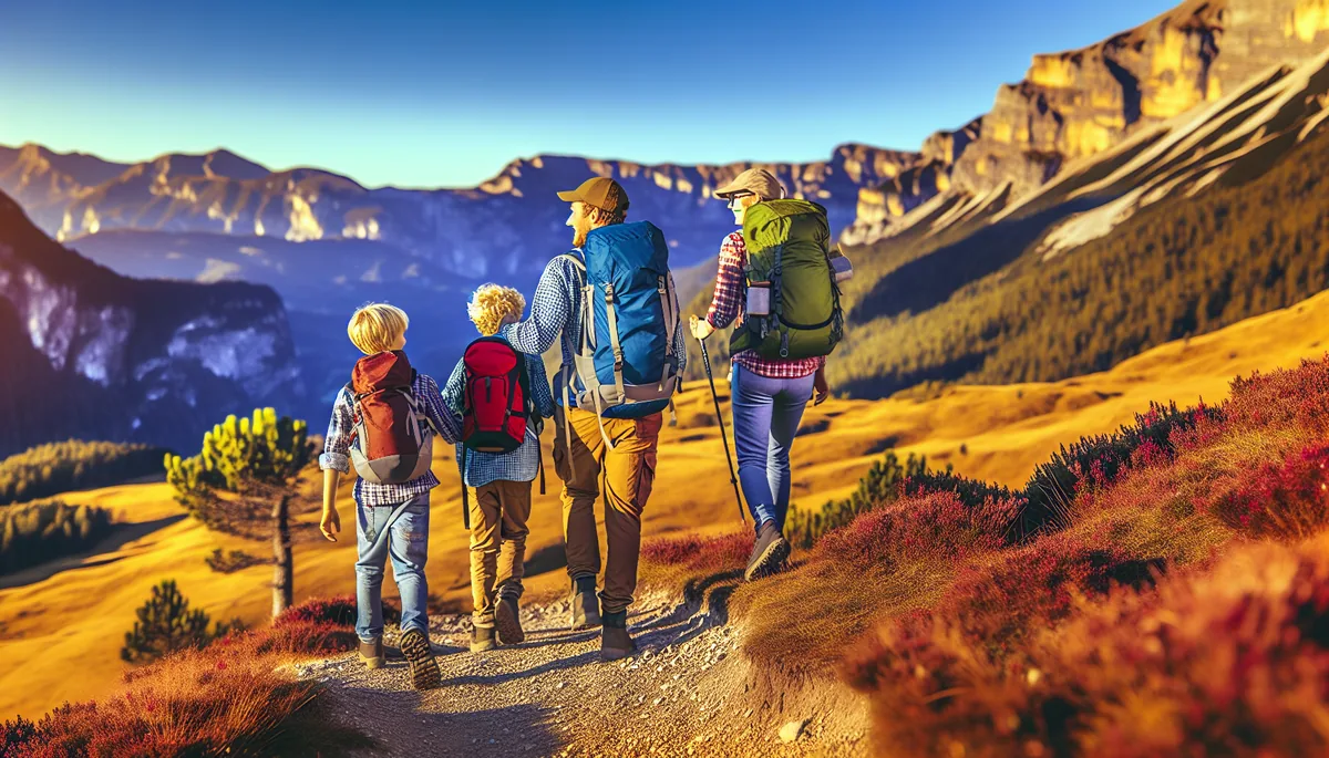 Family of four hiking together on a scenic mountain trail during golden hour, with rolling hills and alpine landscape in the background