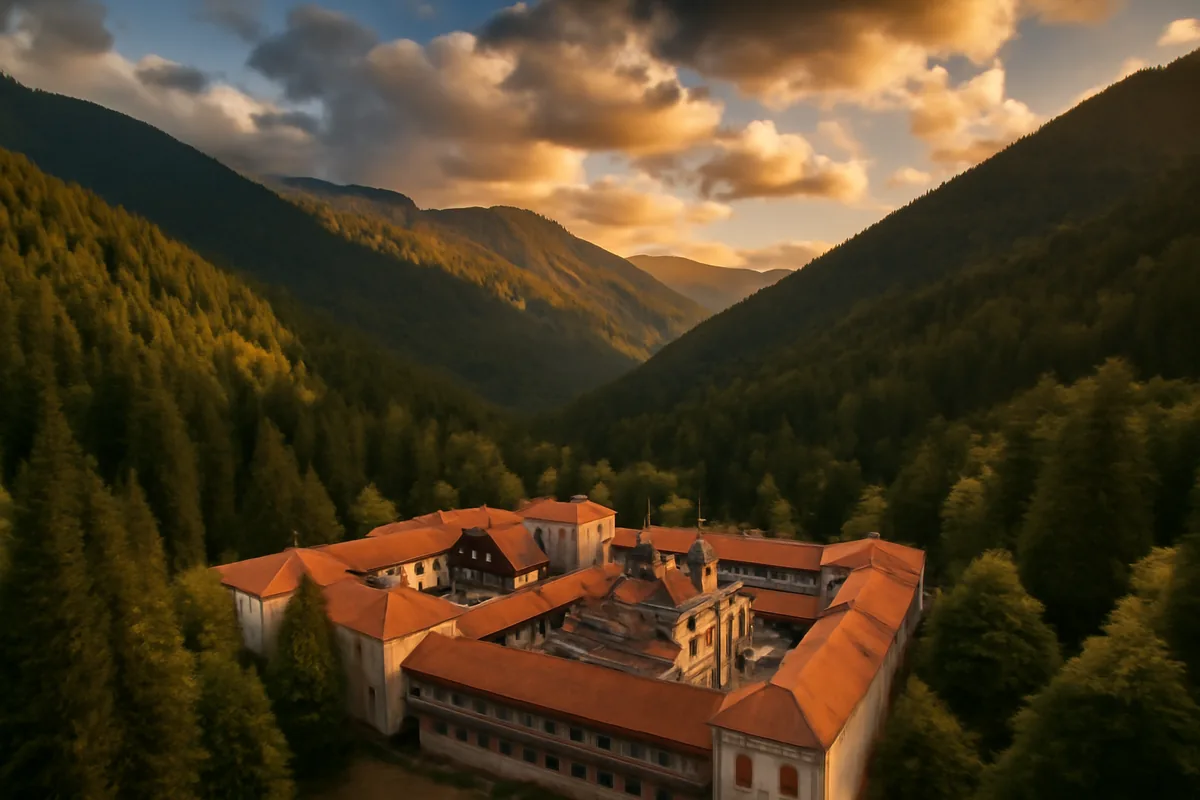 Aerial panoramic view of Rila Monastery surrounded by lush pine forests in the Bulgarian mountains during golden hour