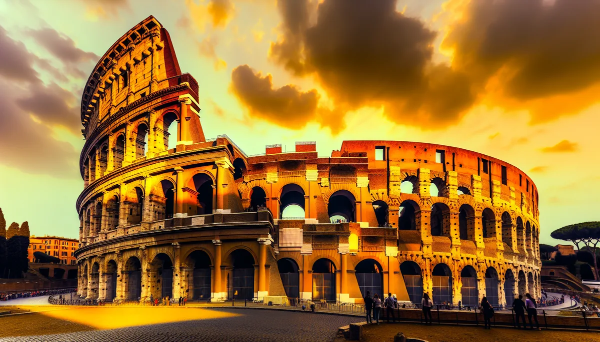 The Roman Colosseum illuminated by golden sunset light with tourists exploring the ancient amphitheater