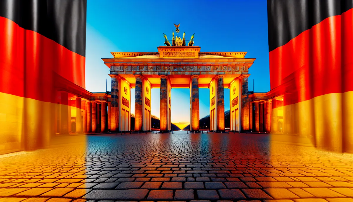 Brandenburg Gate in Berlin during golden hour with dramatic sky and cobblestone path leading to the historic monument