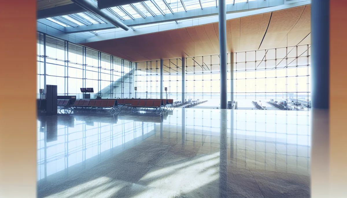 Modern airport terminal interior with large windows, natural lighting, and travelers walking with luggage in the background