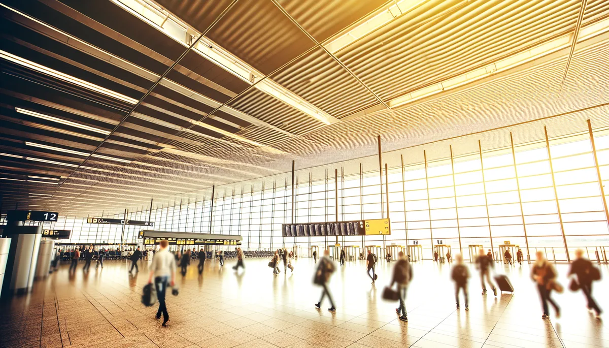Travelers walking through a modern airport terminal with large windows and contemporary architecture, capturing the essence of international travel