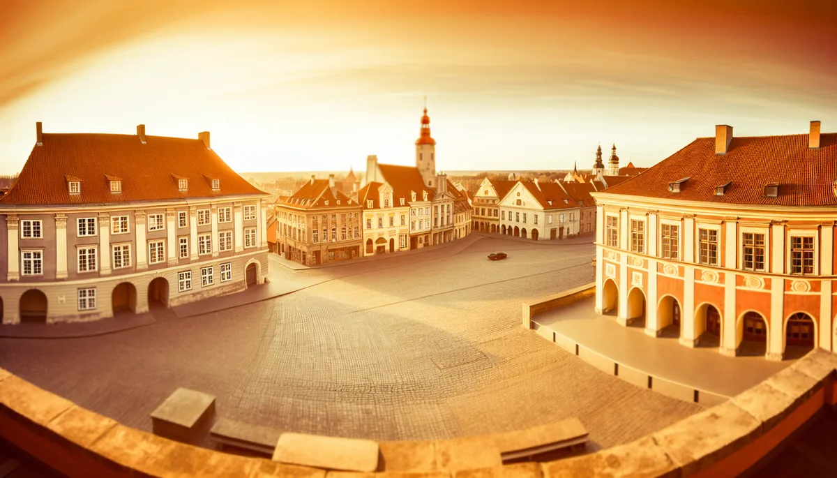Panoramic view of a beautiful European city with historic architecture, cobblestone streets, and traditional buildings bathed in warm golden hour lighting