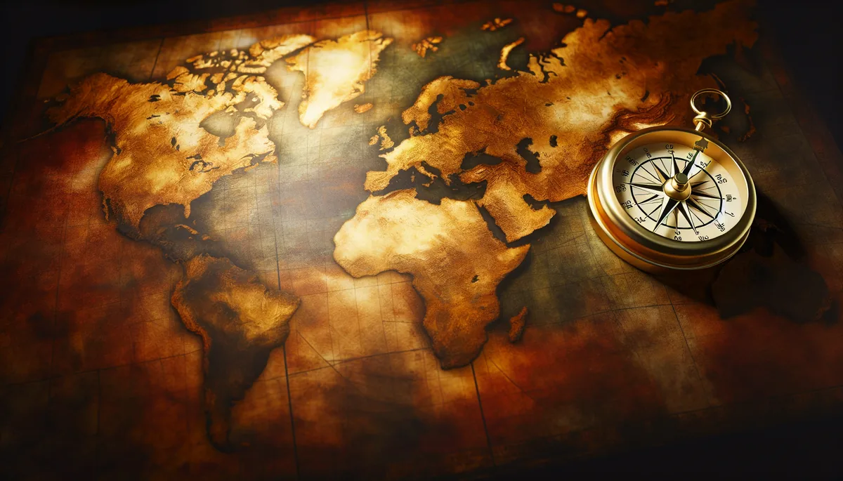 Ancient stone world map with ornate compass rose, symbolizing global travel planning and navigation